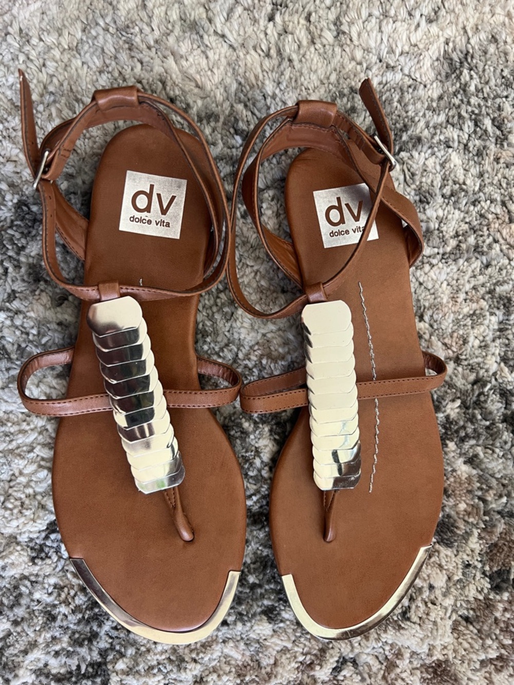 Dolce Vita Brown Leather T-Strap Sandals with Silver Accents